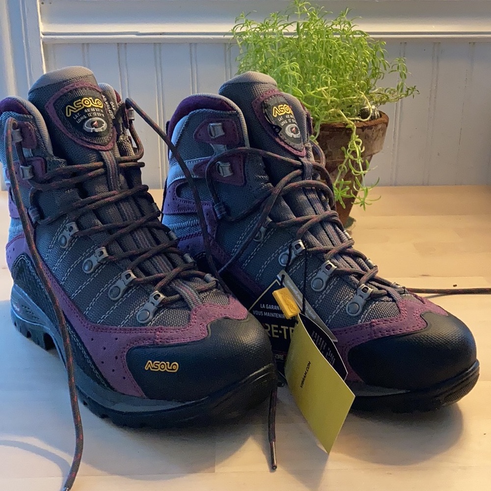 Asolo drifter gv evo, hiking boots, purple and gray, silver detail.